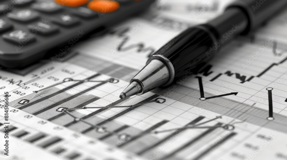 Poster a pen is on top of a sheet of paper with graphs and numbers. the pen is black and has a silver tip