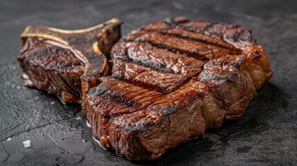 Rare T-bone steak close-up, with its bright red interior and perfectly seared exterior, under precise studio lighting for clarity