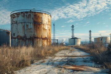 An old rusted metal tank sitting in a field. Suitable for industrial, agriculture, or abandoned concepts