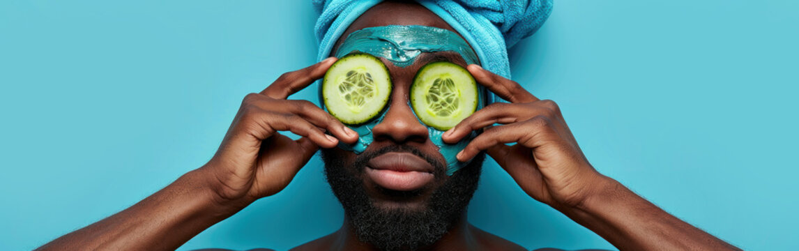 An unshaven man wearing a blue turban with cucumber slices on his face for skincare - Powered by Adobe