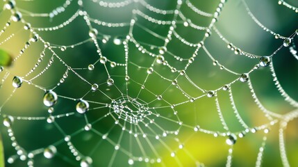 Delicate and detailed close up of a spider web covered in morning dew.