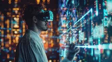 Obraz premium Against a backdrop of digital data, a businessman analyzes the company's financial balance sheet using augmented reality, showcasing the integration of technology in finance. 