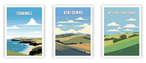 Cornwall, Kent Downs, West Wiltshire Downs Illustration Art. Travel Poster Wall Art. Minimalist Vector art