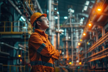 A man in an orange uniform standing in a factory. Perfect for industrial and manufacturing concepts