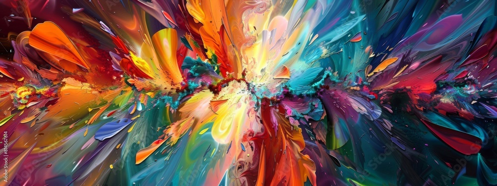 Poster a bold and colorful painting showcasing a wide array of different colors in abstract patterns, addin