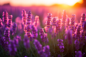 Field of lavender. Soothing Sunset Glow Over Lavender Field. Generative AI