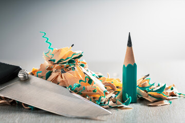  Your skills training concept. A perfectly sharpened pencil with pile of pencil shavings.