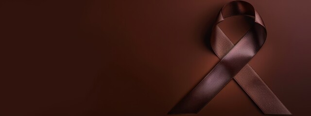 Above shot brown cancer ribbon dark moody background  colorectal colon anti-tobacco skin mental health multiple sclerosis support awareness month charity treatment survivor copy space banner medical