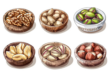Nuts collection. Peanut, walnut, hazelnut, pecan, Brazil nut, pistachio, almond, macadamia and cashew.