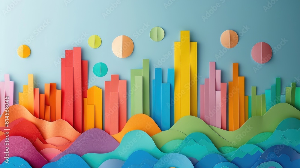 Poster a colorful papercut art of cityscape made out of paper is displayed on a blue background. the buildi