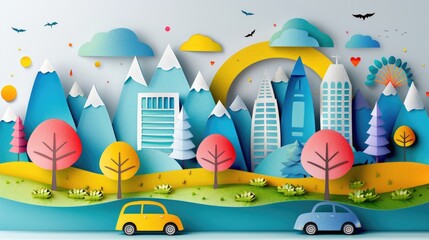 A colorful paper city with mountains and trees, and a car and a truck driving down a road