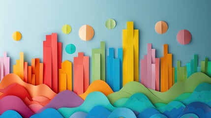 Obraz premium A colorful Papercut art of cityscape made out of paper is displayed on a blue background. The buildings are arranged in a way that creates a sense of depth and movement
