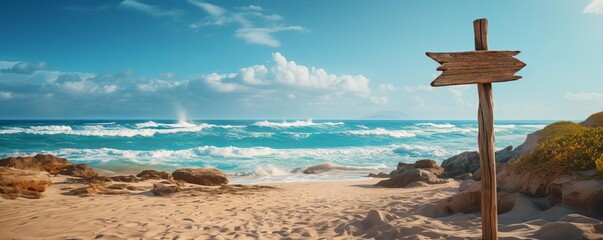 Empty wooden signpost with directional arrows, positioned on a sandy beach with the ocean in the background