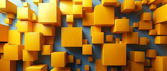 A 3D render with a yellow geometric background containing cubes, modern animation, motion design, and a 4K video