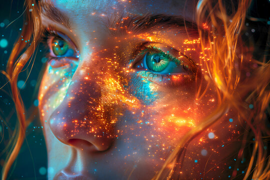 Visage de femme rousse aux yeux verts avec des &eacute;clats de lumi&egrave;re