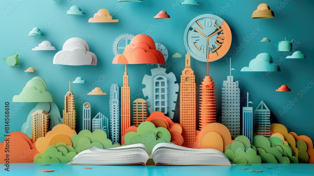 Poster a book is open to a page with a cityscape and a clock. the cityscape is made of paper and the clock 