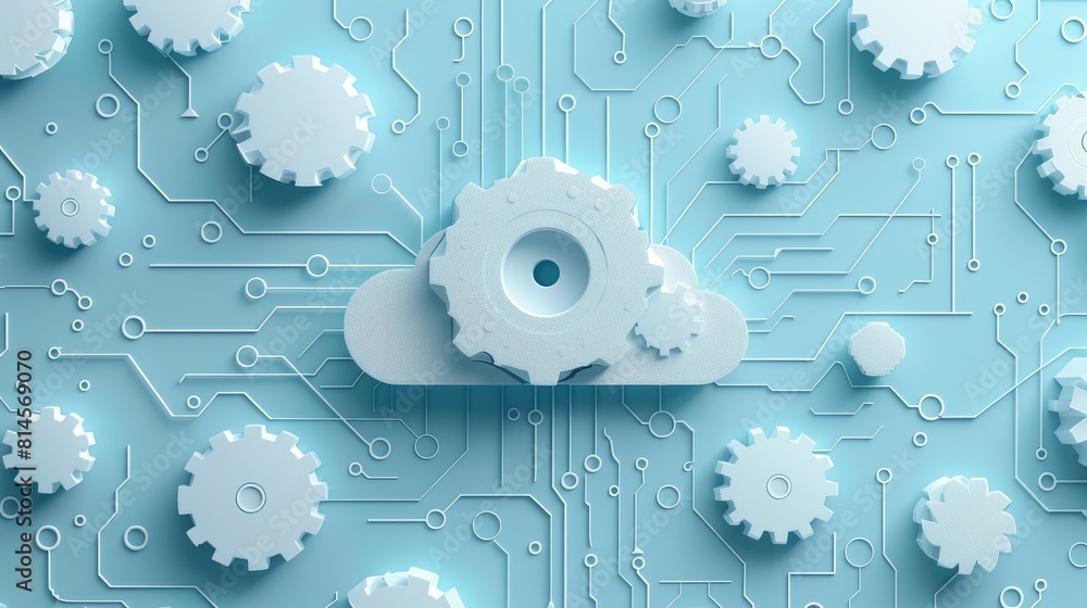 Poster a blue background with papercut art of many gears and a large gear in the center. the gears are all 