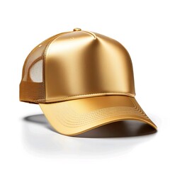 golden trucker cap, snapback, baseball hat, Isolated on white background. Mock-up for branding.