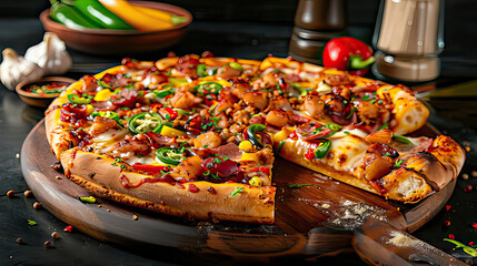 Slice of hot pizza large cheese lunch or dinner crust seafood meat topping sauce. with bell pepper vegetables delicious tasty fast food italian traditional on wooden board table classic in side view 