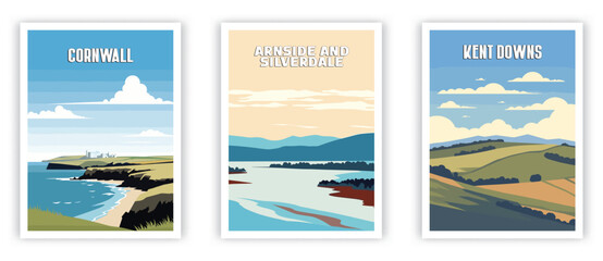 Cornwall, Arnside and Silverdale, Kent Downs Illustration Art. Travel Poster Wall Art. Minimalist Vector art