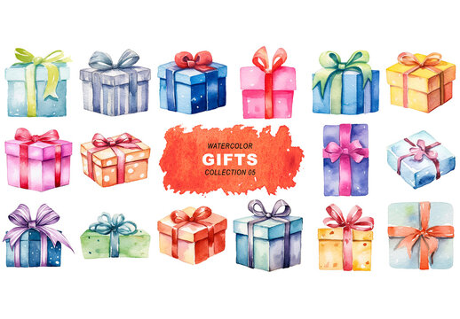 Watercolor painted style - gift boxes clipart isolated on transparent background. Created using Generative AI.
