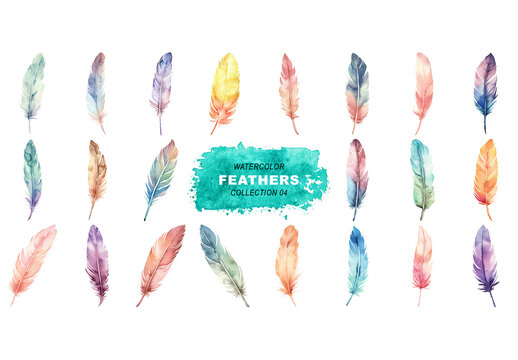 Watercolor painted style - feathers clipart isolated on transparent background. Created using Generative AI.