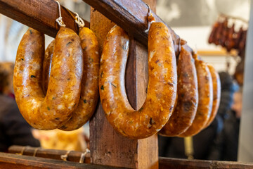 Typical smoked sausage called alheira at the Feira do Fumeiro de Montalegre, northern Portugal.