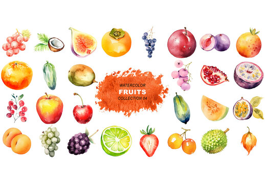 Watercolor painted style - fresh fruits clipart isolated on transparent background. Created using Generative AI.