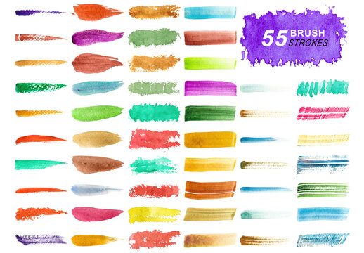 Collection of colorful watercolor brush strokes and splatters isolated on transparent background.