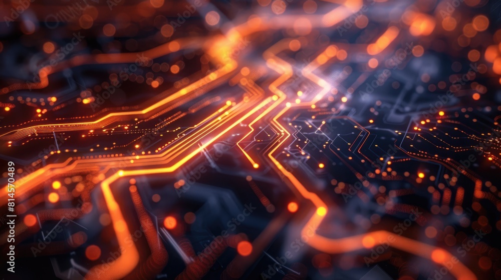 Aufkleber a computer chip with a lot of orange lines and dots. the image is abstract and has a futuristic feel