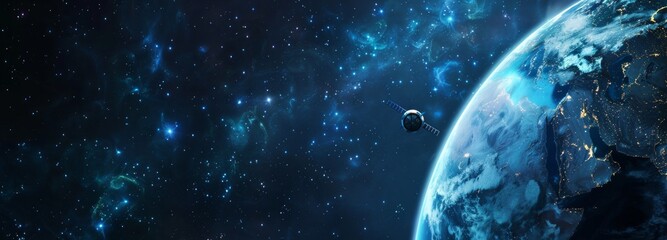 Obraz premium satellite in orbit above the earth, blue planet with clouds, starry sky