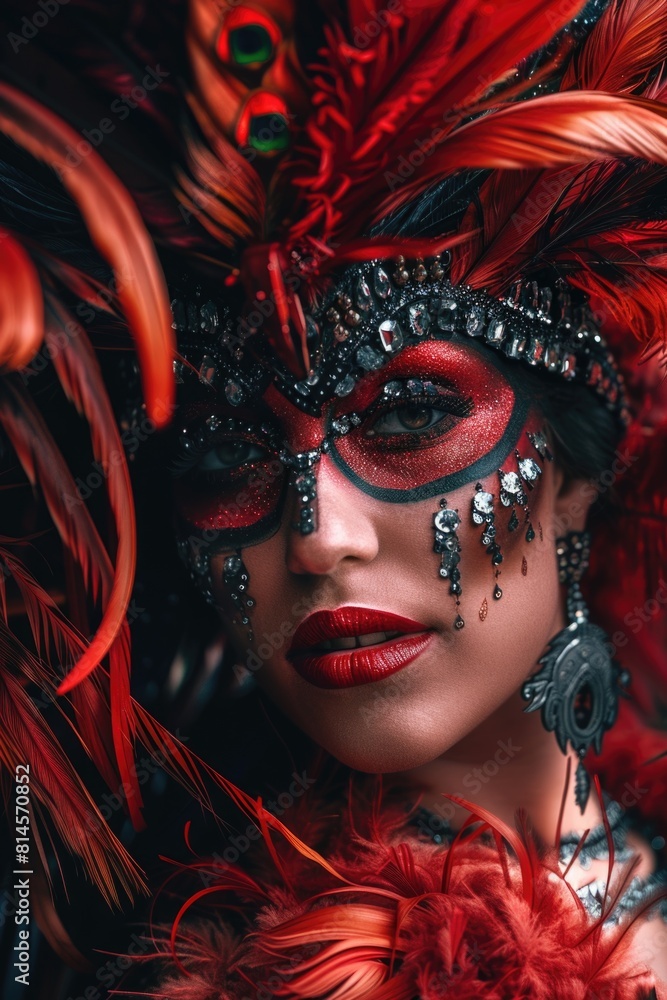 Wall mural a woman wearing a striking red and black mask and feathers. perfect for masquerade or carnival theme