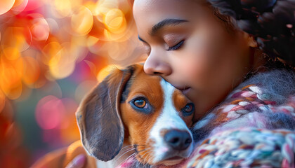 Close-up of an African American girl hugging her beagle dog. Concept of love and friendship