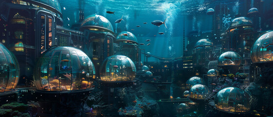 An underwater city with glass domes, bustling with marine life in vivid colors.