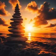 Obraz premium Zen stones balance, pyramid on sunset beach sand. Sea waves, water. orange sunset sky as background, serenity and harmony. Seascape photorealistic illustration