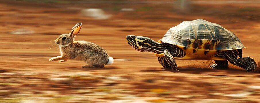 Humorous race scene at the Paris Olympics with a turtle surprisingly leading with a rabbit on its back, highspeed macro style