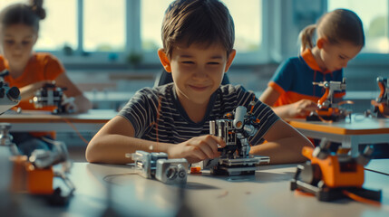 A little boy develops a robot in a programming class. Summer IT camp for children