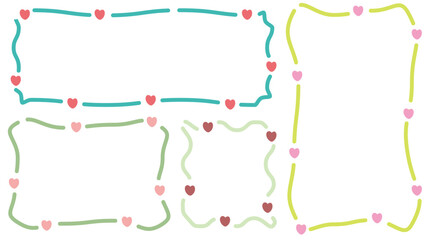 Set of hand drawn style heart shape deco cute memo sticker. Variety abstract shapes of speech bubble. Girl style frame with crayon draw. Chat box balloon cloud. Label tag collection vector for text