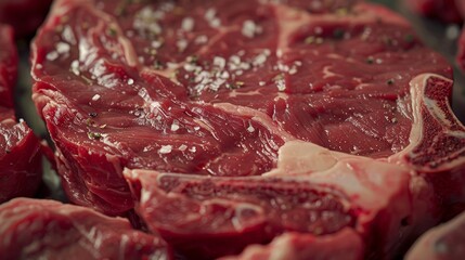 Obraz premium High-definition close-up of a raw T-bone beef steak, highlighting the varying doneness from rare to well done, ideal for ads, studio lighting