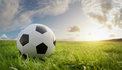 Fototapeta premium Football on green field grass with sunrise on the background