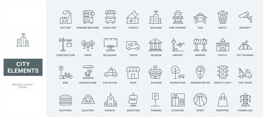 Public park and buildings, location of food cart, car parking, ticket to museum and airport, shopping and waste plant thin black and red symbols vector illustration. City infrastructure line icons set