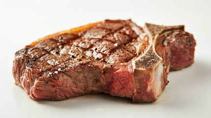 Fototapeta premium Focused shot of a medium well T-bone steak, highlighting the well-cooked surface and slight pink center, isolated background