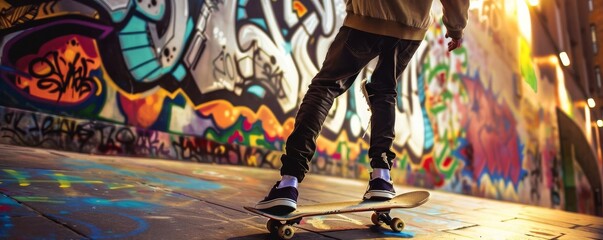 Olympic Paris Skateboarder cruising through a graffitilined alley, board and graffiti vividly illuminated, hyperrealistic, with dramatic side lighting