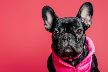 adorable black french bulldog in pink vest cute pet portrait on vibrant red