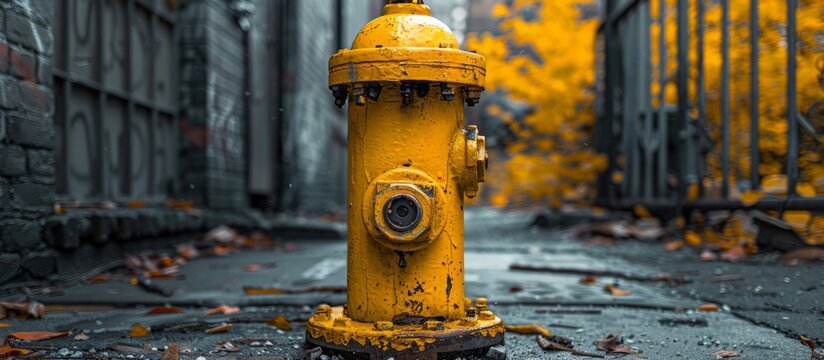 vivid yellow fire hydrant on an urban street with fallen autumn leaves, showcasing detailed textures and a blurred background