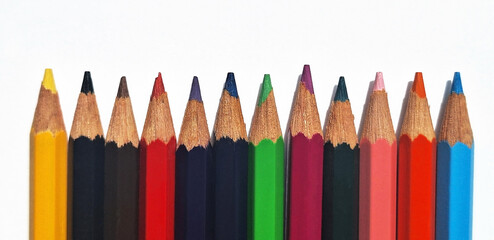 Colored pencils are in a row. Panorama.