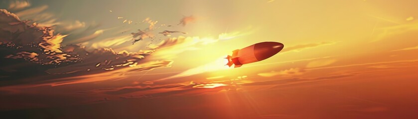 Rocket descending back to earth with a parachute, motion blur on the descending craft, hyperrealistic, dynamically lit by the setting sun