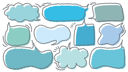 Collection of blue color cute dialog box. Hand drawn with crayon drawing memo sticker. Doodle style chat frame for text. Cartoon conversation balloon. Set of speech bubbles in flat for short message. 