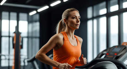 Sporty woman workout on treadmill in modern fitness gym. Adult lady in orange running in interior...