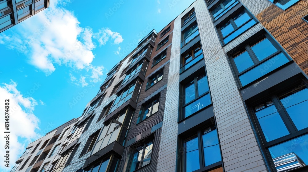Poster a tall building with numerous windows and a prominent clock face. ideal for illustrating concepts of